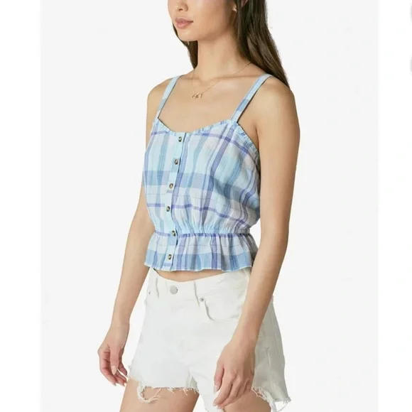 NEW Lucky Brand Women’s Plaid Front Button Down Peplum Ruffled Crop Tank, Size M - Picture 7 of 16